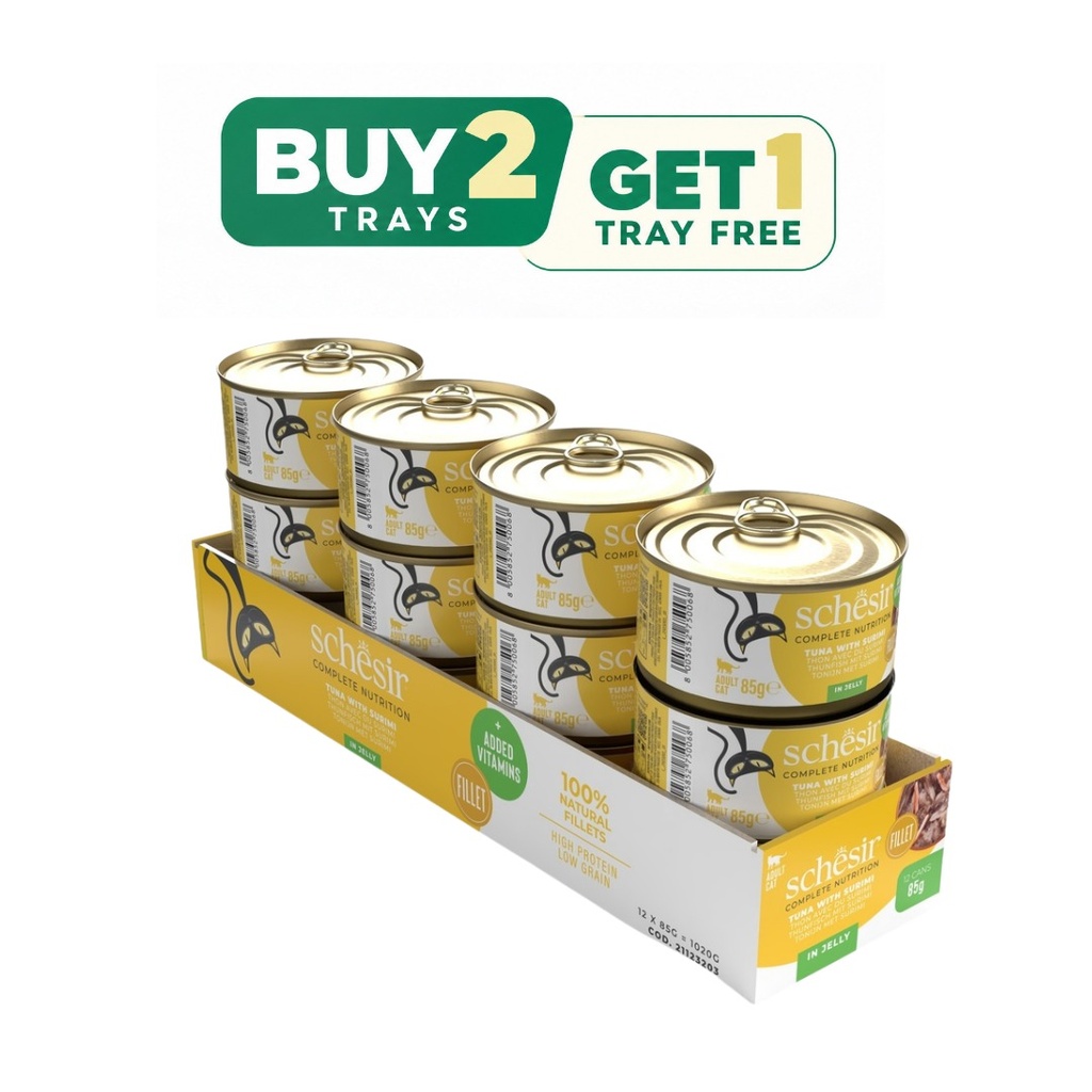 Schesir Complete & Balanced Nutrition Wet Cat Food in Jelly Can – Tuna with Surimi 85g - Buy 24 pcs and get 12 pcs free