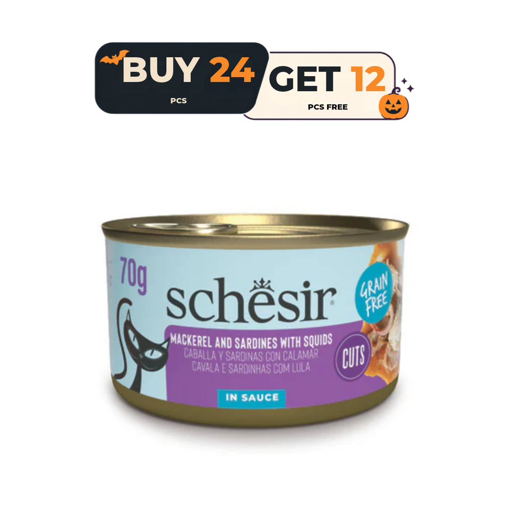 Schesir Grill Wholefood Cat Can Mackerel And Sardines With Squid 70g [Min Order:12pcs] Buy 24 Pcs & Get 12 Pcs Free