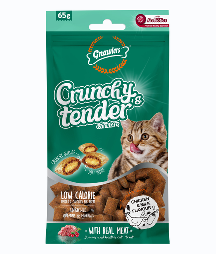 [GN12077] Gnawlers Crunchy & Tender Cat Treats 65g - Chicken & Milk Flavour