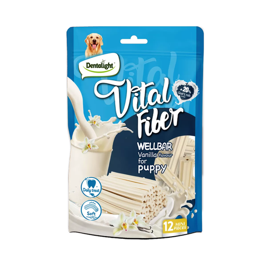 [DL10776] Dentalight 3" Vital Fiber Wellbar Dog Snack - 12pcs With 20% goat's milk powder, [Vanilla flavour]-80g